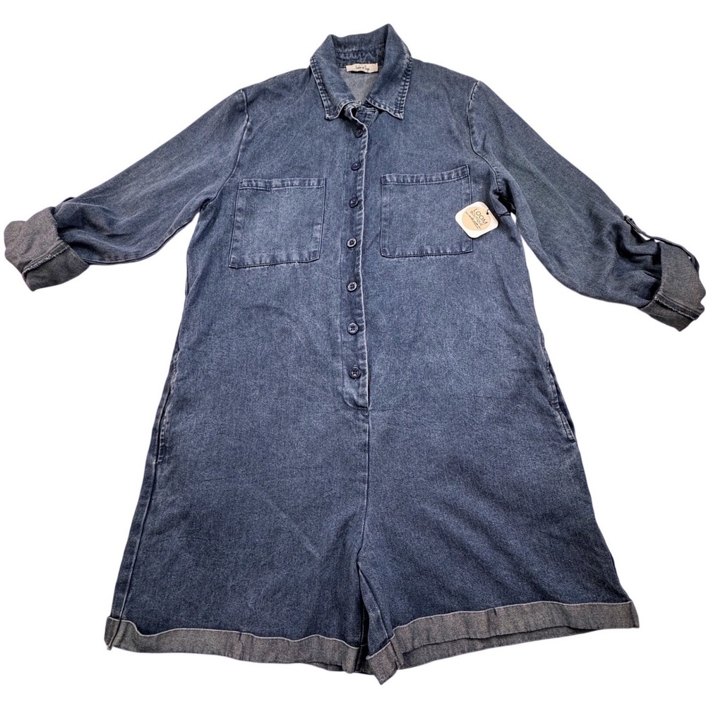 Sadie & Sage Women Blue Tencel Button Front Utility Romper Small  Boho Festival